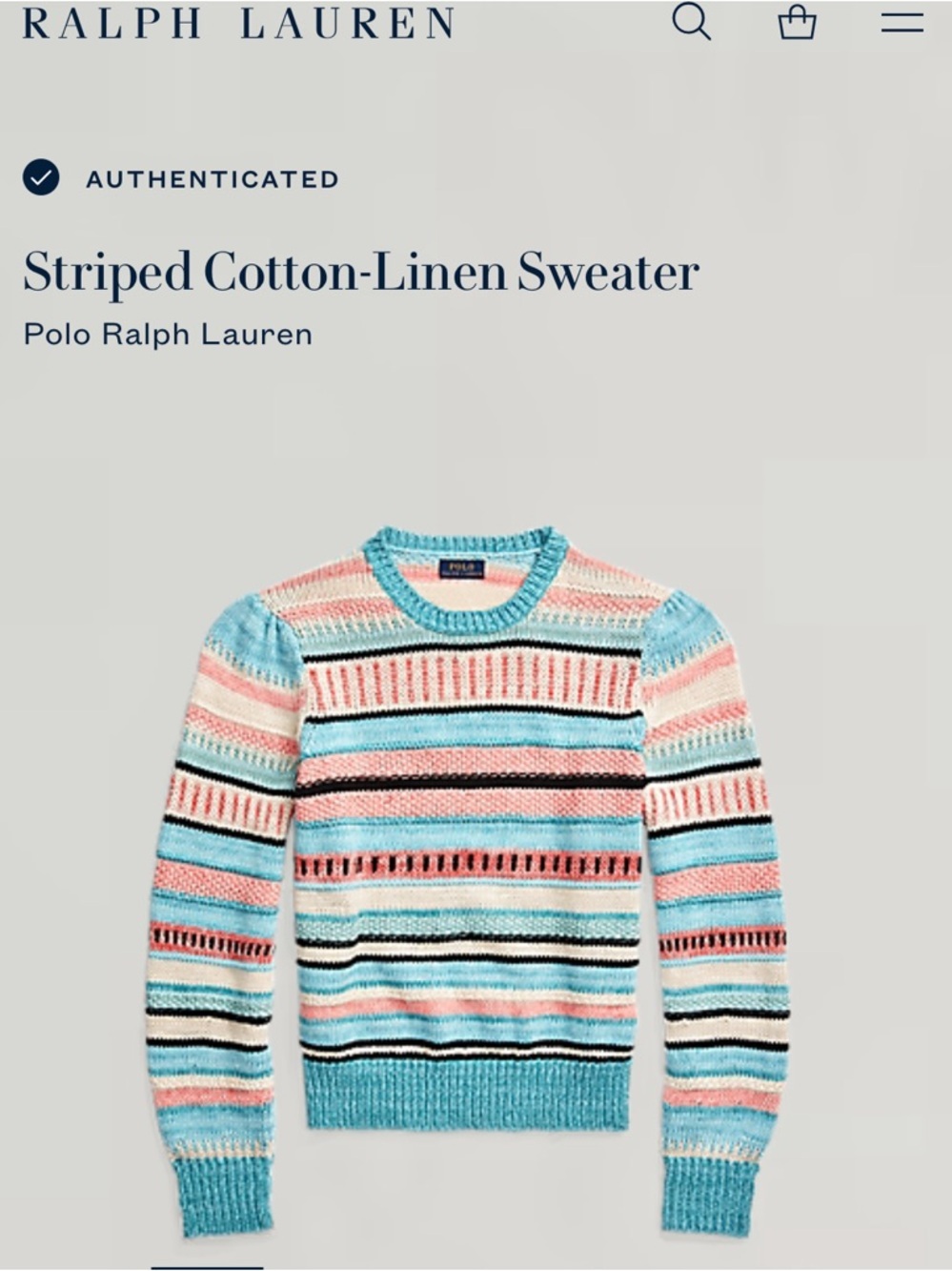 POLO Ralph Lauren Stripe Chunky Knit Sweater, L, Linen Blend, 21”PTP, 26” L